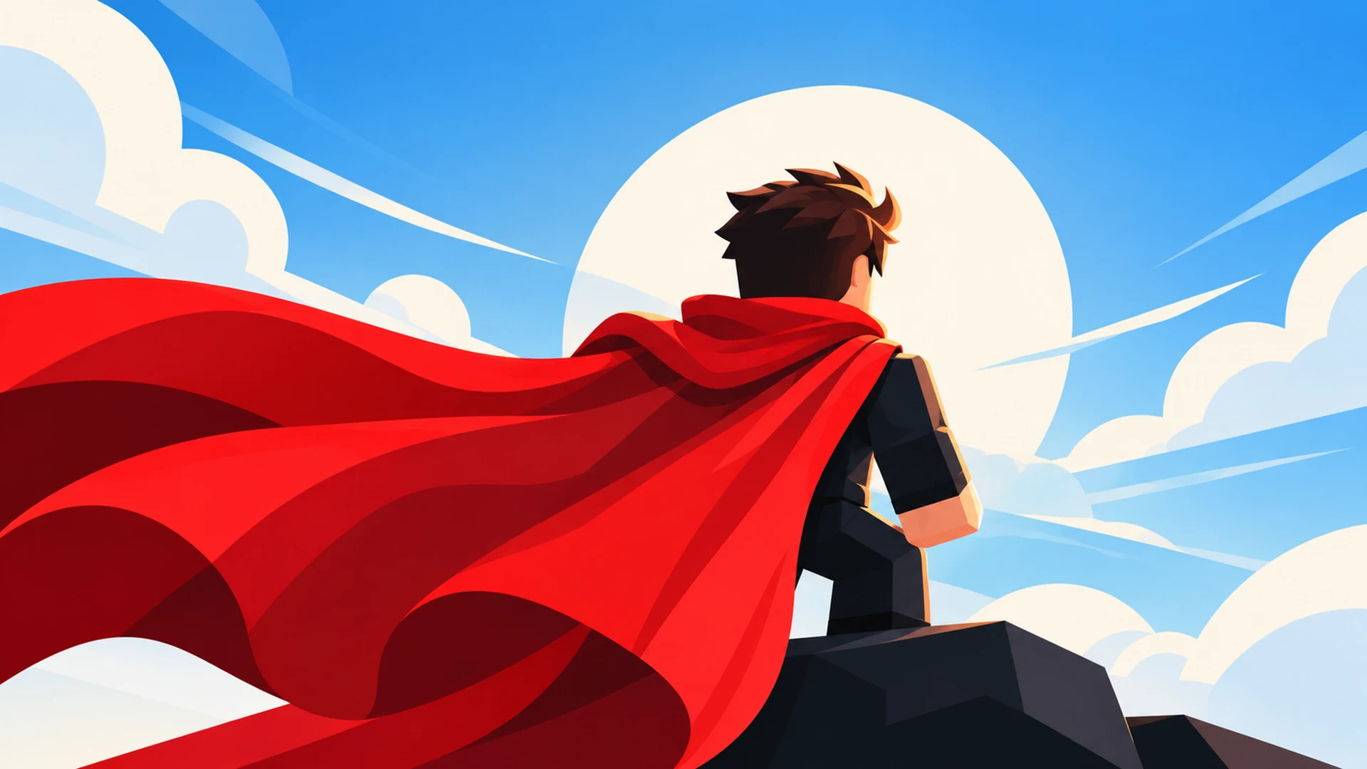 A blocky hero in a billowing red cape looks up at a bright sky